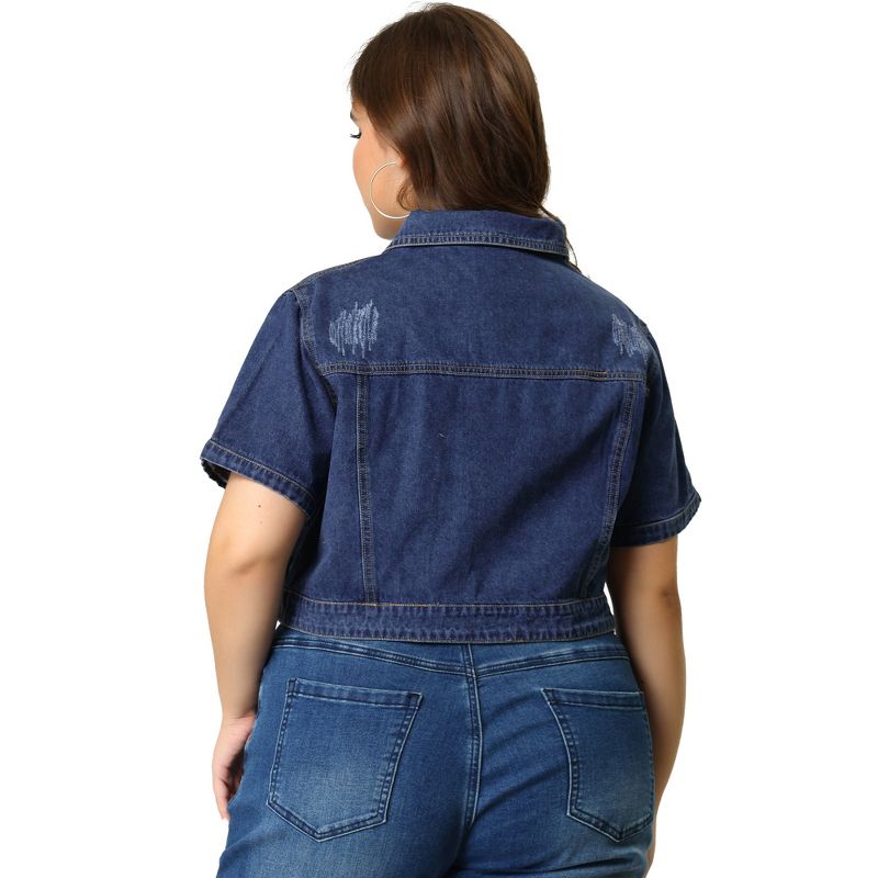 Agnes Orinda Women's Plus Size Denim Fray Roll Short Sleeves Crop Jean Jackets, 5 of 7