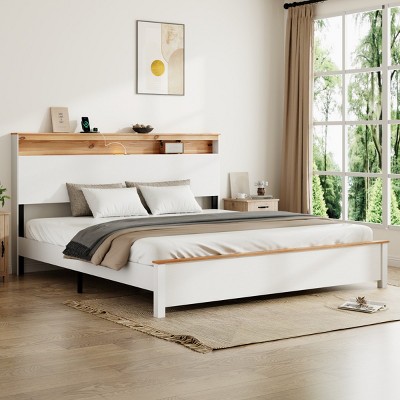 Modern Bed Frame with Storage Headboard, LED Light Bed Frame, Sturdy Metal & Wood Platform Bed for Bedroom – The Pop Home