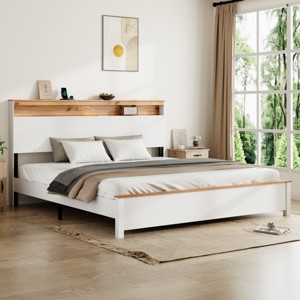 Modern Bed Frame with Storage Headboard, LED Light Bed Frame, Sturdy Metal & Wood Platform Bed for Bedroom – The Pop Home - 1 of 4