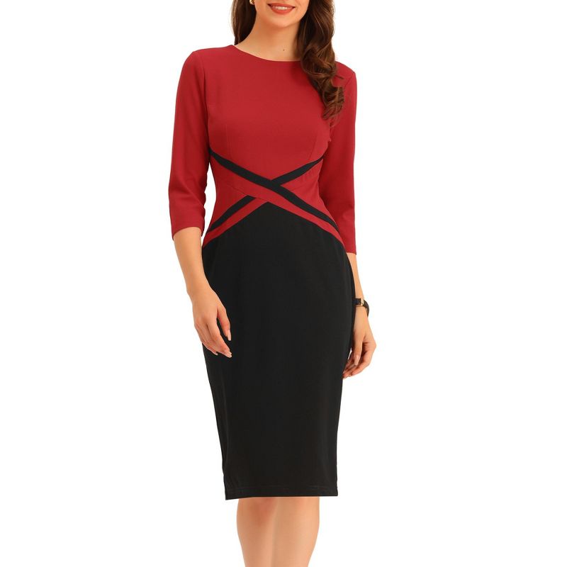 Allegra K Women's Slim Fit Contrast Color 3/4 Sleeve Bodycon Work Office Pencil Dress, 1 of 6