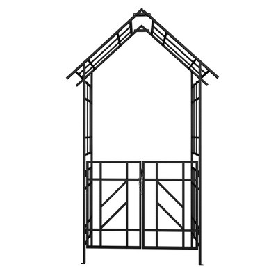 Lirago, 16.92"D * 97.24"H * 58.07"W, Black Metal Garden Arch - Galvanized Iron Trellis, Rose Arch, Outdoor Garden Decor with Gate Design