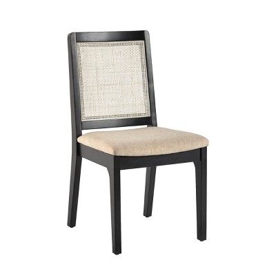 Black Solid Wood Dining Chair with Rattan Inset Back, Set of 2