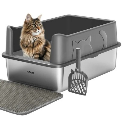 LunaLulinlk Black Extra Large Stainless Steel Litter Box with Double Litter Mat and Scoop