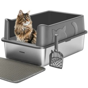 LunaLulinlk Black Extra Large Stainless Steel Litter Box with Double Litter Mat and Scoop - 1 of 4