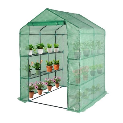 SEVOBAL Greenhouse Iron Pipe Steeple With 8 Pieces Grid Flower Stand With Zipper Rolling Door PE Green House Walk in Planting, Green, 93"*28"*18"