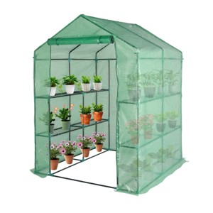 SEVOBAL Greenhouse Iron Pipe Steeple With 8 Pieces Grid Flower Stand With Zipper Rolling Door PE Green House Walk in Planting, Green, 93"*28"*18" - 1 of 4