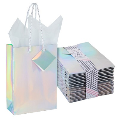 Sparkle and Bash 20 Pack Iridescent Small Gift Bags Bulk Metallic with White Tissue Paper, Holographic, 7.9 x 5.5 x 2.5 In