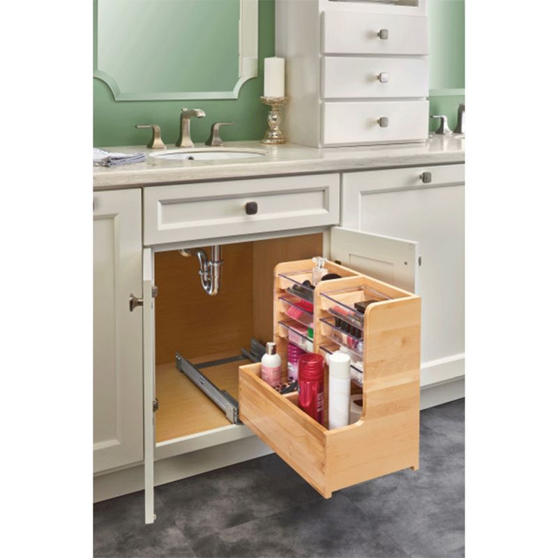 Rev-A-Shelf Floor Mount L Shaped Wood Sink Vanity Cabinet Base Storage Organizer with Soft Close Slides and Bins, 5 of 9