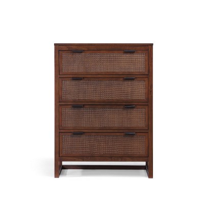 Teamson Home Hatteras Dresser with 4 Rattan Inlay Drawers, Faux Leather Pulls & Deep Storage