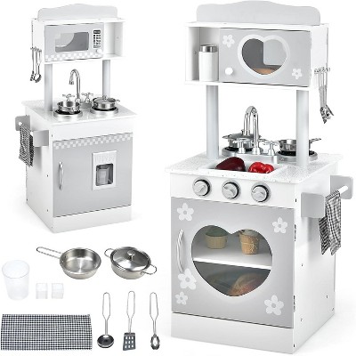 Safstar 2 in 1 Kids Play Kitchen and Restaurant, Double Sided Toddler Wooden Pretend Cooking Set with Stove Sink Microwave Storage Cabinet