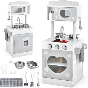 Safstar 2 in 1 Kids Play Kitchen and Restaurant, Double Sided Toddler Wooden Pretend Cooking Set with Stove Sink Microwave Storage Cabinet - 1 of 4