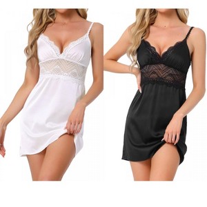 INSPIRE CHIC Women 2 Pcs Satin Silky Lace Chemise Nightgowns Full Slip Dress Sleepwear - 1 of 4