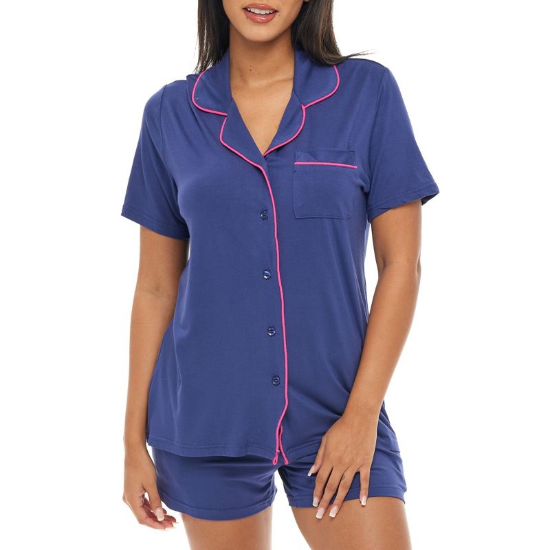 Womens Soft Knit Jersey Pajamas Lounge Set, Short Sleeve Top and Shorts with Pockets, 1 of 7