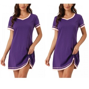 INSPIRE CHIC Women's 2 Pcs Short-Sleeve Nightshirt Color-Block V-Neck Sleepdress Set - 1 of 4