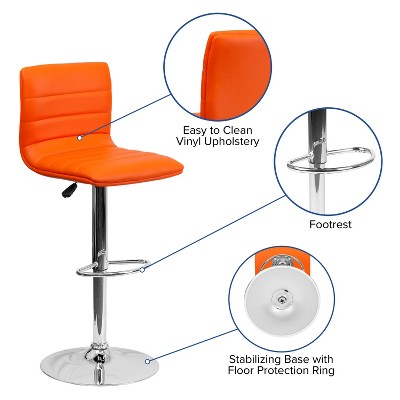 Modern Swivel Orange Vinyl & Chrome Adjustable Barstool