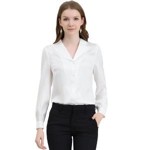 Allegra K Women's Elegant Collar V Neck Long Sleeve Work Office Satin Button Down Shirt - 1 of 4