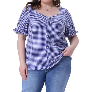 Agnes Orinda Women's Plus Size Gingham 1950s Sweetheart Neck Button Decor Short Sleeve Blouses - 1 of 4