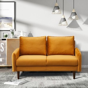 Velvet Loveseat Mid-Century Modern Sofa Tufted Couch with Wooden Legs for Living Room - 1 of 4