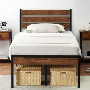 Whizmax Three Size Platform Bed Frame with Rustic Vintage Wood Headboard, Mattress Foundation Metal Slats Support, No Box Spring Needed, Brown - 1 of 4