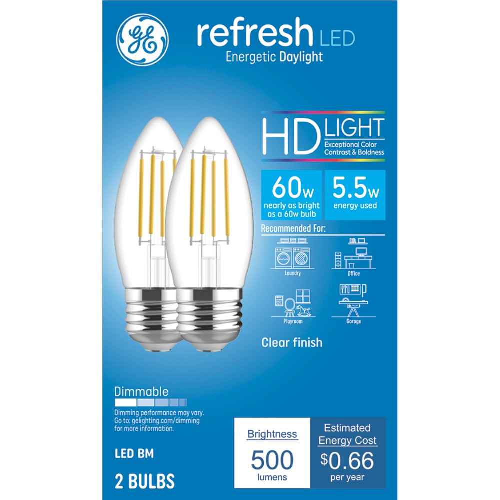 Photos - Light Bulb General Electric GE 2pk 60W Refresh LED Clear Decorative  Daylight: Dimmable, Energy Star, 500 Lumens, E26 Base, 5000K 