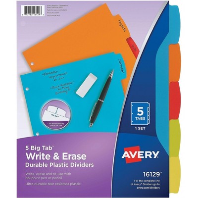 Avery Big Tab Write & Erase Plastic Dividers 5-Tab Assorted Colors (16129) 2609669