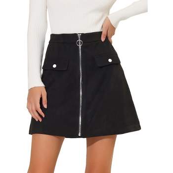 Allegra K Women's High Waist Zipper Front Elastic Back Faux Suede Mini Skirt
