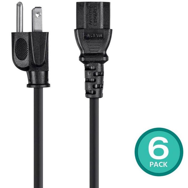 Monoprice 1 Feet 3-Prong Power Cord (6 Pack) NEMA 5-15P to IEC 60320 C13, 18AWG, 10A, 125V, Works With Most Pcs, Monitors, Scanners & Printers, 2 of 7