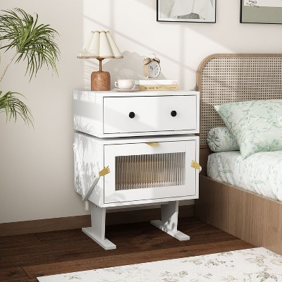 Famapy 360° Swivel Bedside Table with Drawer and Transparent Glass Cabinet Nightstand