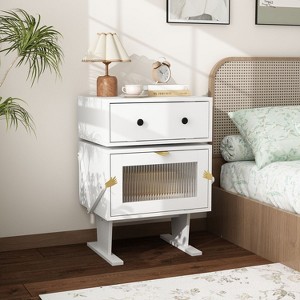 Famapy 360° Swivel Bedside Table with Drawer and Transparent Glass Cabinet Nightstand - 1 of 4