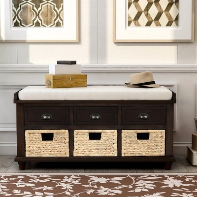 Rustic Wooden Storage Bench with Drawers and Rattan Baskets - Removable Cushion for Living Room, Bedroom, Hallway