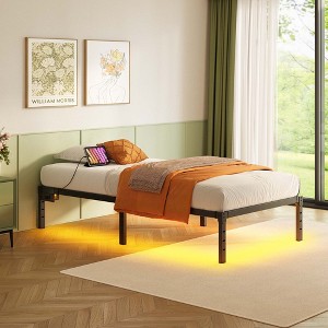 Greenstell Bed Frame with LED Lights & Charging Station, Metal Platform Bed with Headboard, Heavy Duty Metal Slats - 1 of 4
