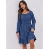 Long Lantern Sleeve Swing Dress with Square Neck & Ruffle Hem, Elastic Waist A-Line Short Dress for Women, Fall Fashion Dark Blue - 4 of 4