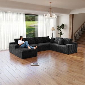 131.9"104.3" Plush Corduroy 4-Piece Modular Sectional Sofa with No Assembly Required and Comfortable Chaise Lounge - 1 of 4