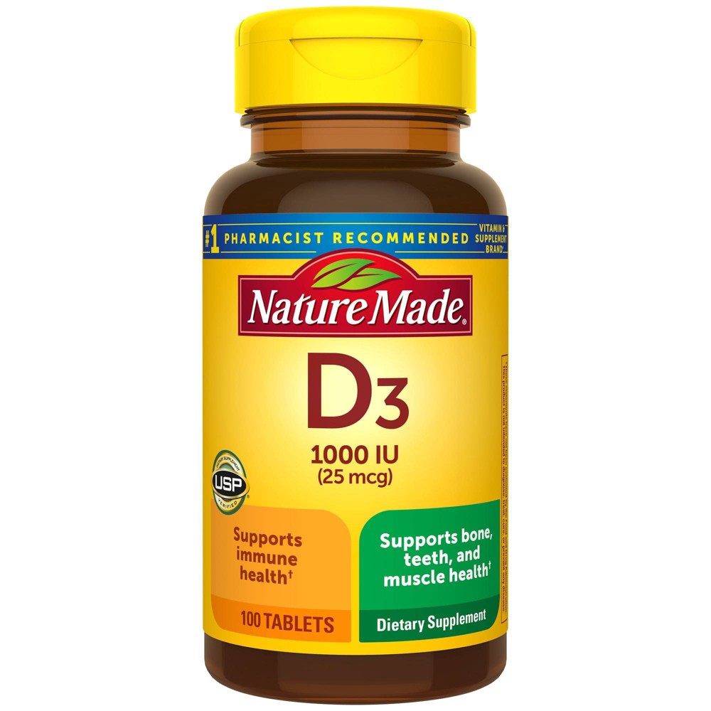 Nature Made Vitamin D3 1000 IU (25 mcg) Tablets - 100ct Say hello to an easy and effective Vitamin D supplement to support muscle, bone, teeth, and immune health. While sunshine is a great source of Vitamin D, many people aren’t making enough of this essential nutrient from the sun. Vitamin D can be found in food as well in two different forms (known as Vitamin D2 and Vitamin D3), however, Vitamin D3 is more effective at raising and maintaining adequate levels of Vitamin D throughout the body. Vitamin D is a common nutrient shortfall. In fact, 95percent of the US population does not get enough Vitamin D from food alone, making supplementation that much more important.(1) Support your sunshine and Vitamin D dietary needs today, with Nature Made’s Vitamin D 1000 IU (25 mcg) tablets. (1)NHANES 2005-2016 Nutrients 2020, 12, 1735. *Based on a survey of pharmacists who rmend branded vitamin and supplementsCAUTION: If you are taking medication, consult your physician before use.These statements have not been evaluated by the Food and Drug Administration. This product is not intended to diagnose, treat, cure, or prevent any disease. Age Group: adult.