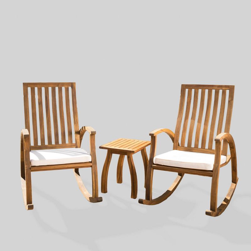 Cayo 3pc Acacia Wood Outdoor Patio Rocking Chair Chat Set - Natural/Cream - Christopher Knight Home, 3 of 6