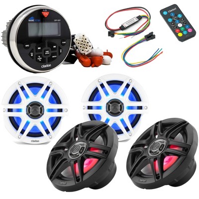 Clarion GR1BT Digital Media Receiver (Gauge Style) with (2) CMS-651RGB-SWB 6.5-inch LED RGB Marine Coaxial Speakers, Sport Grilles Includes Lightin...