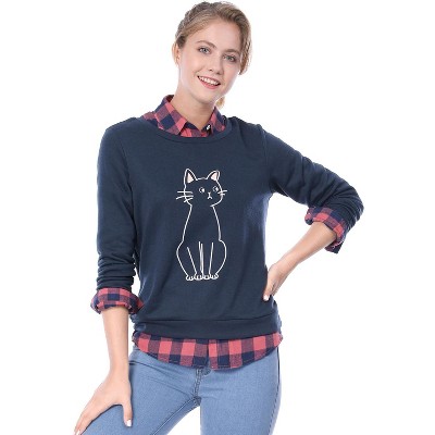 INSPIRE CHIC Women's Round Neck Cat Printed Sweatshirt