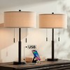 Franklin Iron Works Bernie Industrial Table Lamps 25" High Set of 2 Rich Bronze with USB Charging Port Tan Drum Shade for Bedroom Living Room Bedside - 2 of 4