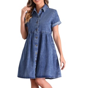 INSPIRE CHIC Women's Summer Turndown Collar Button Down Short Sleeve Babydoll Denim Midi Dress - 1 of 4