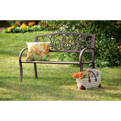 Evergreen 48" Bronze Metal Garden Bench with Floral Design