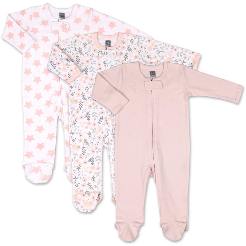 The Peanutshell Footed Baby Sleepers for Girls, Flowers & Stars, 3-Pack, Newborn to 12 Month Sizes, 1 of 7