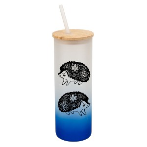 Elanze Designs Woodland Floral Hedgehog Navy Blue Frosted Gradient Glass Tumbler with Bamboo Lid & Straw 25 ounce Reusable Iced Coffee or Water Cup, - 1 of 4