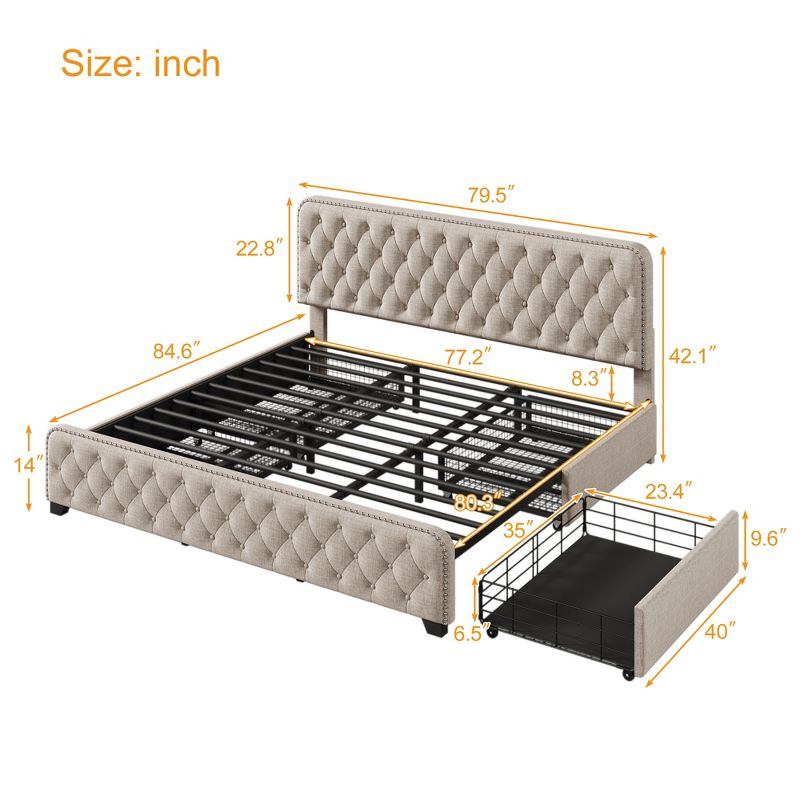 Button Tufted Upholstered Platform Bed with Four Drawers - ModernLuxe, 3 of 11