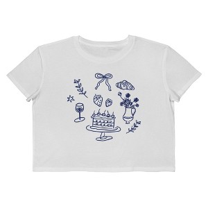 Rerun Island Women's Cake Wine Flowers Croissant Short Sleeve Graphic Cotton Cropped Loose T-shirt - Bright White L - 1 of 4