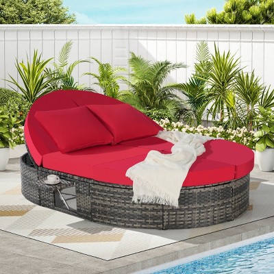 Outdoor Patio Round Daybed, Sun Bed with Adjustable Backrests and Foldable Cup Trays,Reclining Lounger with Cushions and Pillows-Coolbibila