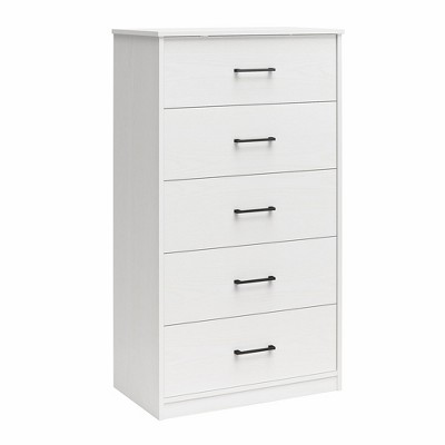 White Tall 5 Drawer Dresser with Metal Handles