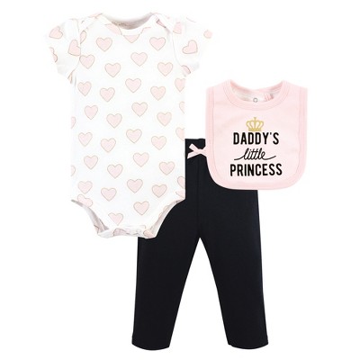 Image of Hudson Baby Infant Girl Cotton Bodysuit, Pant and Bib Set, Daddys Little Princess, 3-6 Months