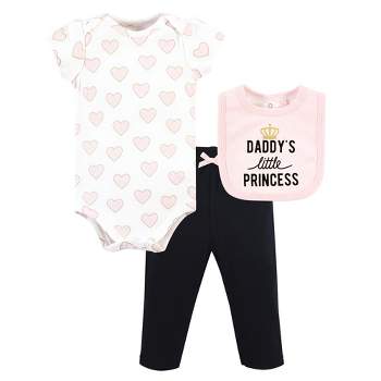 Hudson Baby Infant Girl Cotton Bodysuit, Pant and Bib Set, Daddys Little Princess
