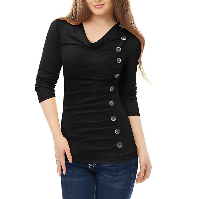 Allegra K Women's Cowl Neck Long Sleeves Buttons Decor Ruched Top, 3 of 8