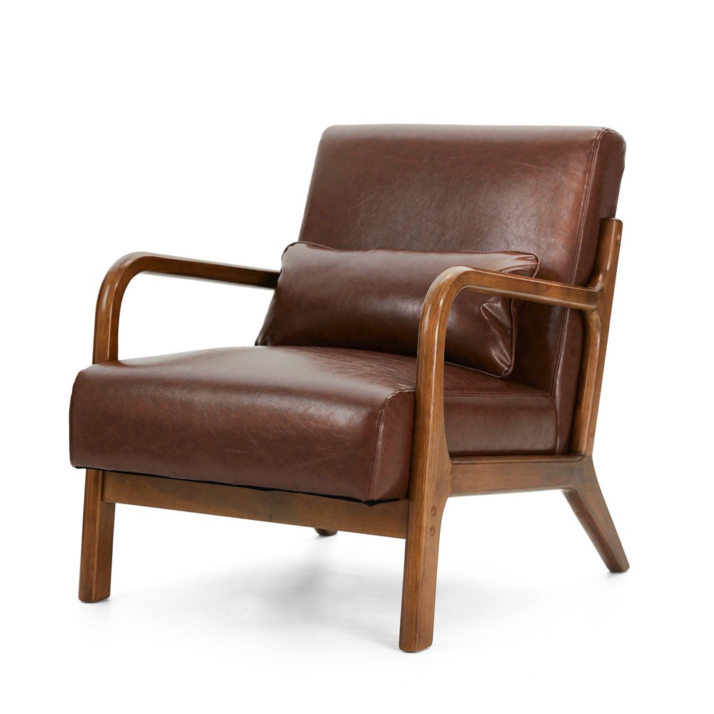 Mid-Century Modern Leatherette Arm Accent Chair Walnut Rubberwood Frame Coffee - Glitzhome: Low-Profile, PU Upholstery